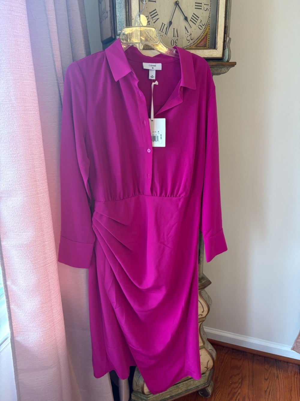 Cushnie Vibrant Magenta Long-Sleeve Draped Shirt Dress